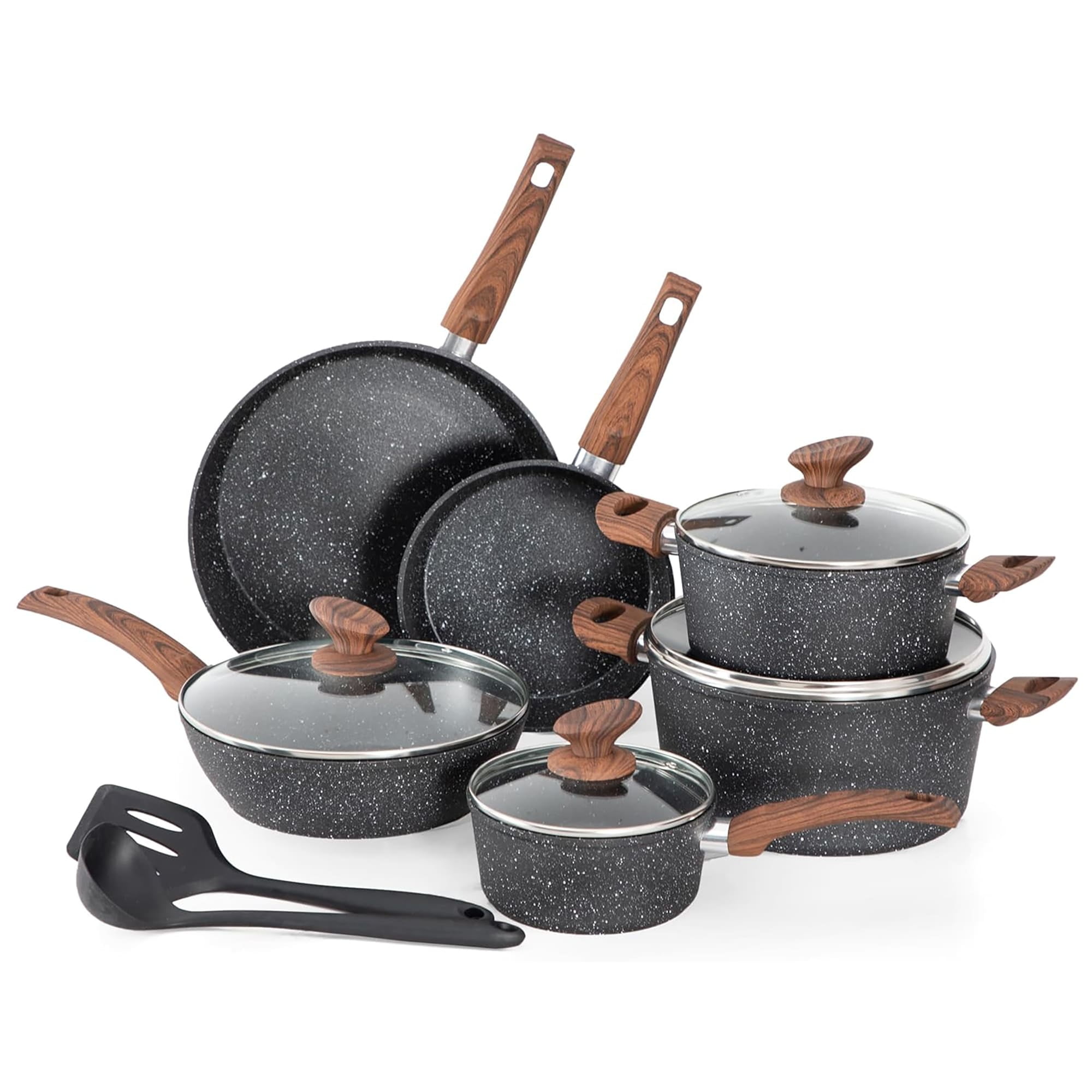 12-Piece Black Granite Nonstick Aluminum Cookware Set with Wood Handles