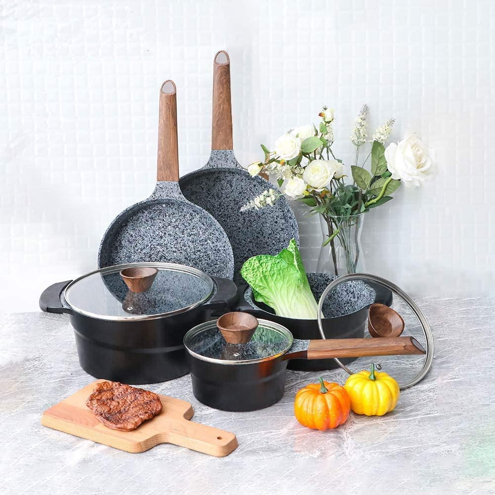 Kitchen Academy Cast Aluminum Pots and Pans Set Non Stick - 12Pcs Induction Kitchen Cookware Set, Black Granite Coating Cooking Pans Set