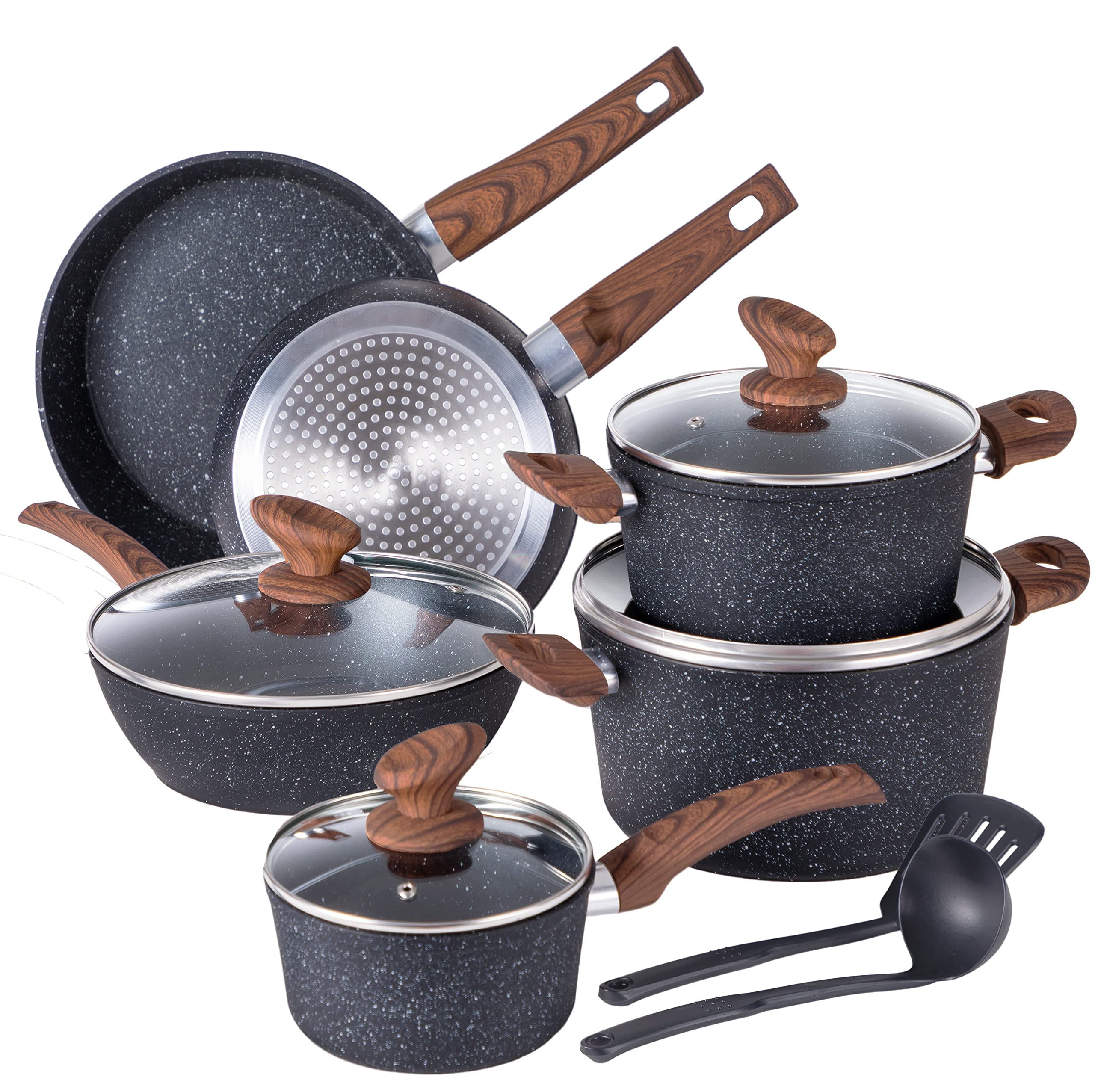 Kitchen Academy Induction Cookware Sets - 12 Piece Cooking Pan Set, Granite  Black Nonstick Pots and Pans Set