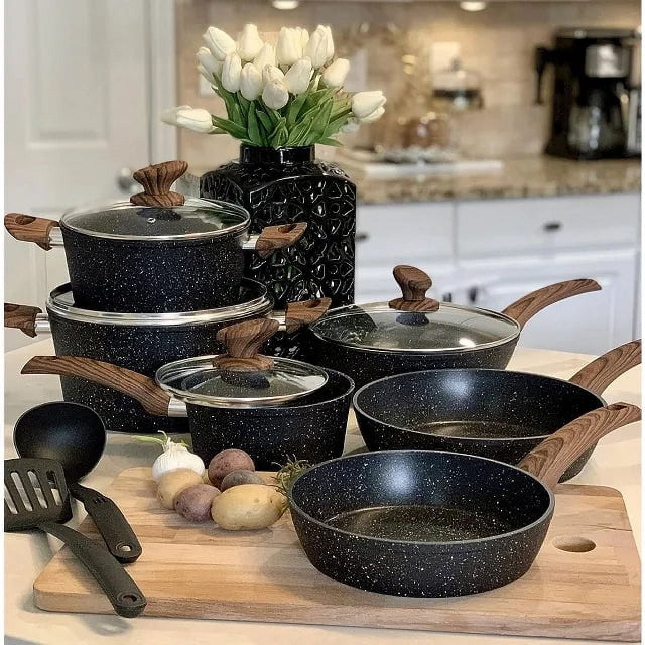 Granite Black 12-Piece Nonstick Induction Cookware Set with Wood Handles