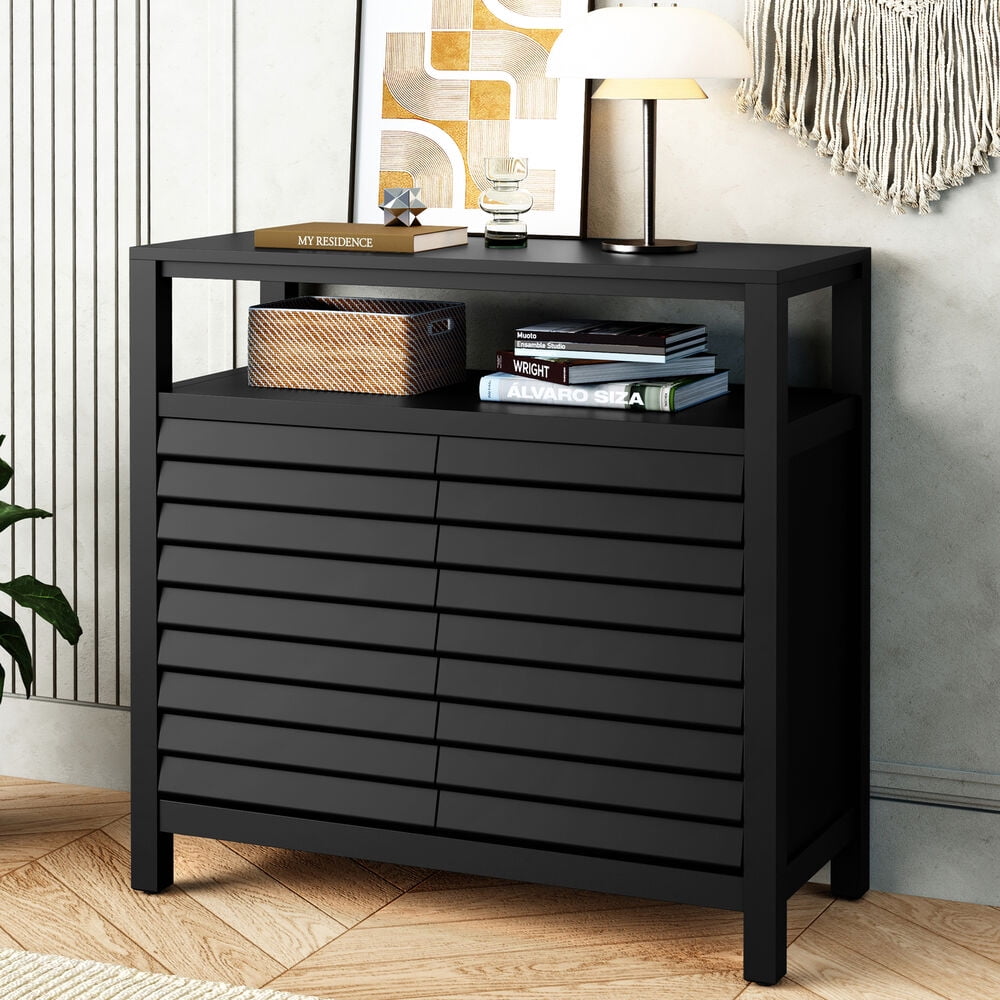 Black Louvered Door Accent Cabinet with Open Shelf