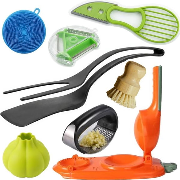 Kitchen Accessories Set (8-Piece) - Premium Cooking Utensils & Gadgets with Bamboo Dish Brush, Avocado Slicer, Garlic Press, Peeler, Tongs & Dumpling Maker for Everyday Home Cooking