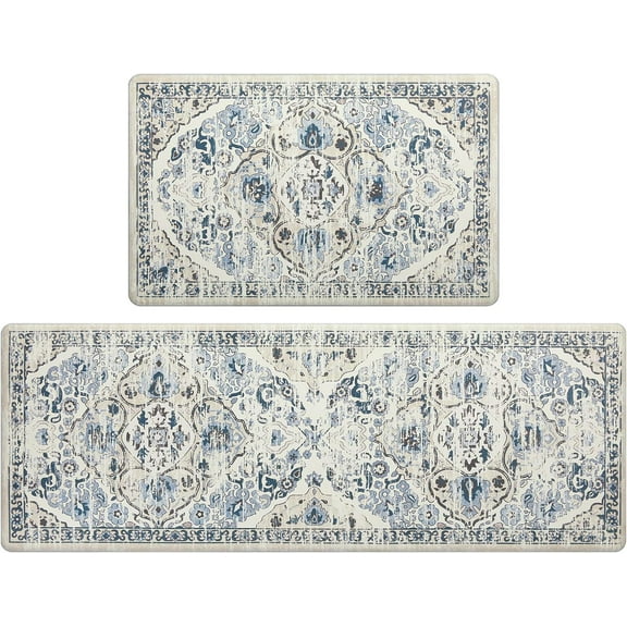 Kitchen Anti Fatigue Mat Set of 2 Non Skid Waterproof Kitchen Floor Mat Vintage Cushioned Comfort Standing Mat Boho Kitchen Rug Runner for Kitchen Sink Laundry, 17"x47"+17"x28", Vintage Grey