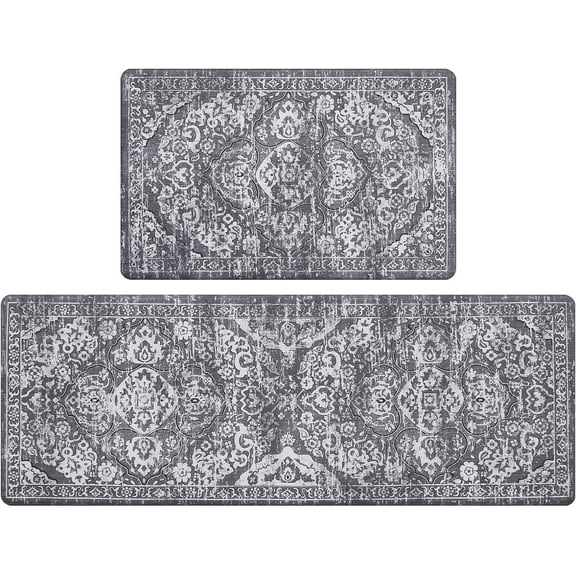Kitchen Anti Fatigue Mat Set of 2 Non Skid Waterproof Kitchen Floor Mat Vintage Cushioned Comfort Standing Desk Office Mat Runner for Kitchen Sink Laundry, 17"x47"+17"x28", Grey