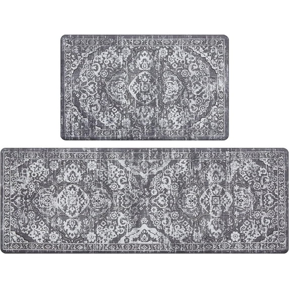 Kitchen Anti Fatigue Mat Set of 2 Non Skid Waterproof Kitchen Floor Mat Vintage Cushioned Comfort Standing Desk Office Mat Runner for Kitchen Sink Laundry, 17"x47"+17"x28", Grey