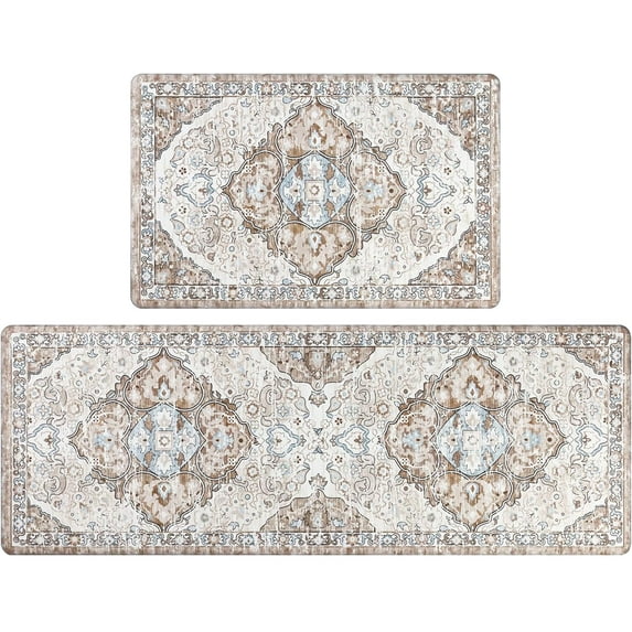 Kitchen Anti Fatigue Mat Set of 2 Non Slip Waterproof Kitchen Floor Mat Vintage Cushioned Comfort Standing Desk Office Mat Farmhouse Runner Area Rug for Kitchen Sink Laundry, Light Brown