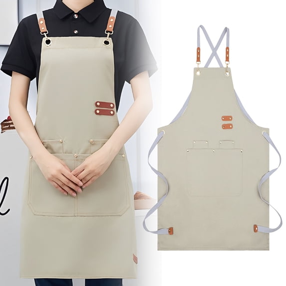 Kitchen Apron, Chef Cotton Canvas Apron, Cross Back Adjustable Work Apron with Large Pockets, Heavy Duty Multi Purpose Waterproof Work Apron for Kitchen Cooking Gardening Painting BBQ