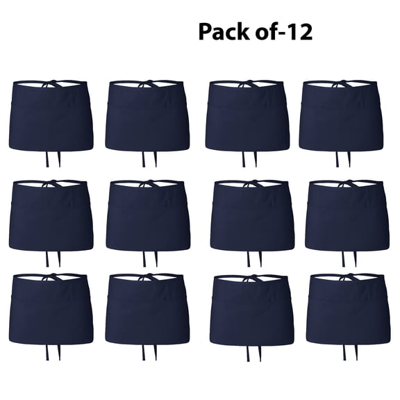 Kitchen Apron with Pockets Navy Waist Apron Side Ties for Q-Tees | 7.5 Oz 55/45 Cotton/Polyester, Three-Section Front Pouch Pocket | Unisex 12 Pack Size (24"w X 12"L)