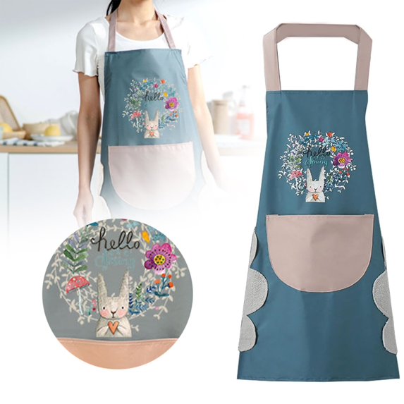 Kitchen Apron,Women Kitchen Apron With Hand Wipe Pockets For Cooking Baking Wipeable Oil Proof Cartoon Wreath Rabbit Kitchen Nail Shop Apron