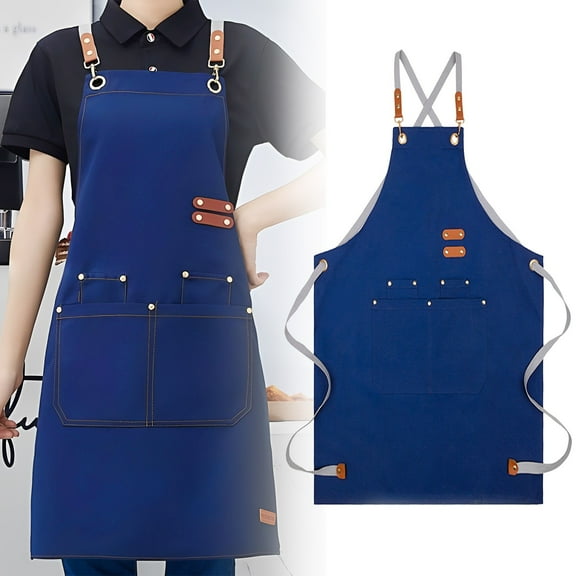 Kitchen Apron Work Apron Cotton Canvas Cross Back Waterproof Work Aprons for Kitchen Cooking Bib Canvas,Restaurant kitchen, Multiple Pockets, Gardening, Painting, BBQ, Milk Tea shop, Fruit shop, F