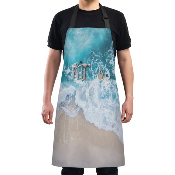 Kitchen Apron with 2 Pockets Adjustable waterproof Cooking Aprons for Women Men Chef Beach and Waves