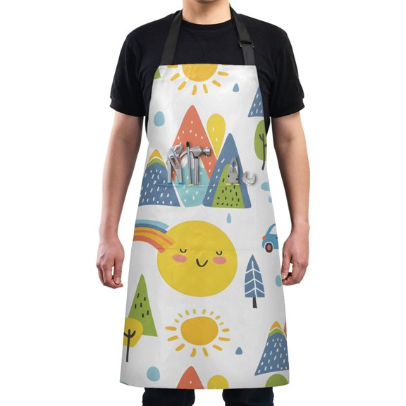 Kitchen Apron with 2 Pockets Adjustable waterproof Cooking Aprons for Women Men Chef Car Mountain Sun Tree Rainbow