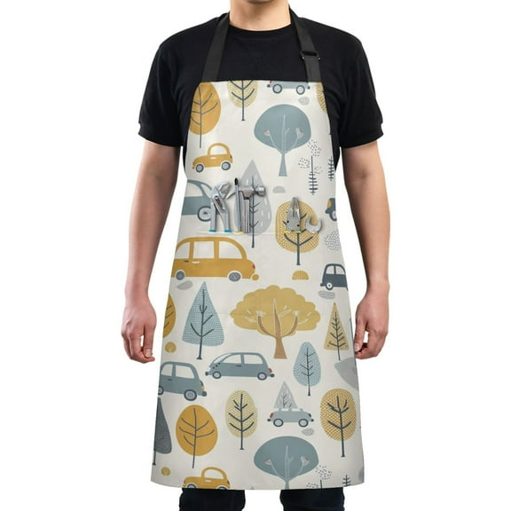 Kitchen Apron with 2 Pockets Adjustable waterproof Cooking Aprons for Women Men Chef Cars Tree Building