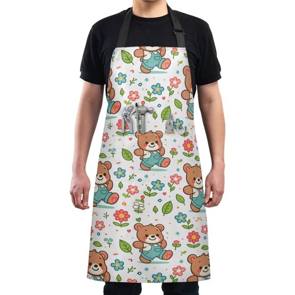 Kitchen Apron with 2 Pockets Adjustable waterproof Cooking Aprons for Women Men Chef Cartoon Bear with Flower and Leaf
