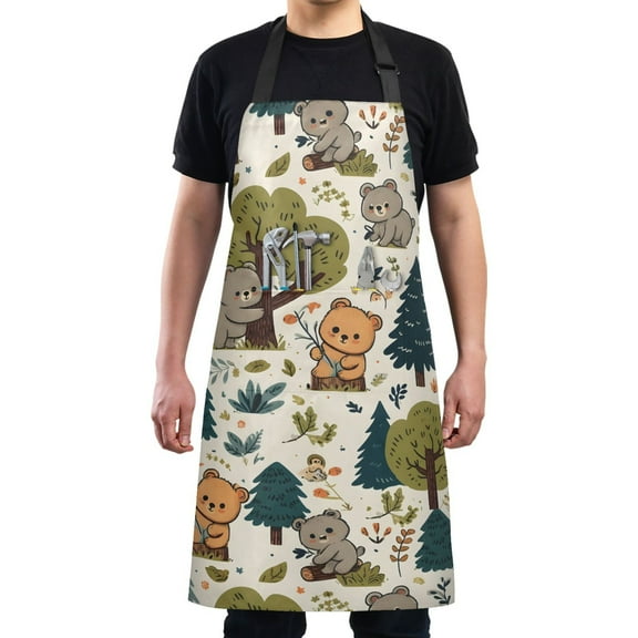 Kitchen Apron with 2 Pockets Adjustable waterproof Cooking Aprons for Women Men Chef Cartoon Bear with Tree