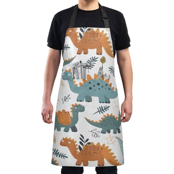 Kitchen Apron with 2 Pockets Adjustable waterproof Cooking Aprons for Women Men Chef Cartoon Dinosaurs Leaves