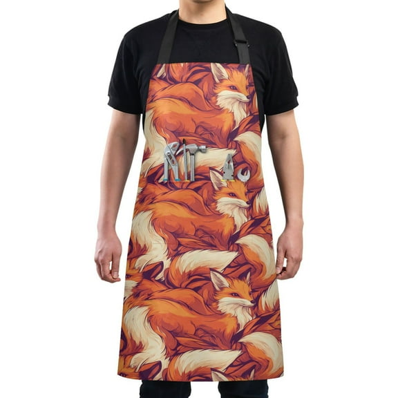 Kitchen Apron with 2 Pockets Adjustable waterproof Cooking Aprons for Women Men Chef Cartoon Foxes