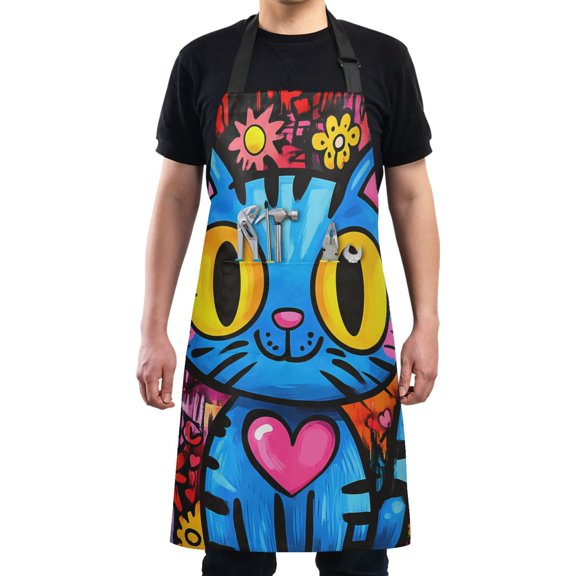 Kitchen Apron with 2 Pockets Adjustable waterproof Cooking Aprons for Women Men Chef Cartoon Graffiti Cat