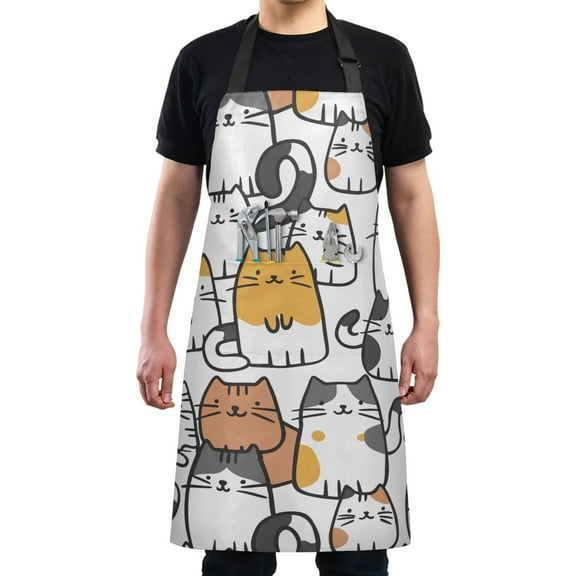 Kitchen Apron with 2 Pockets Adjustable waterproof Cooking Aprons for Women Men Chef Cartoon Line Cats