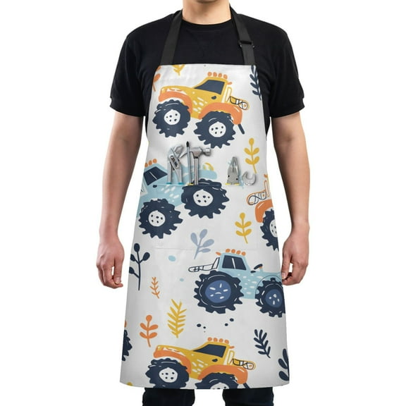 Kitchen Apron with 2 Pockets Adjustable waterproof Cooking Aprons for Women Men Chef Cartoon Monster Truck