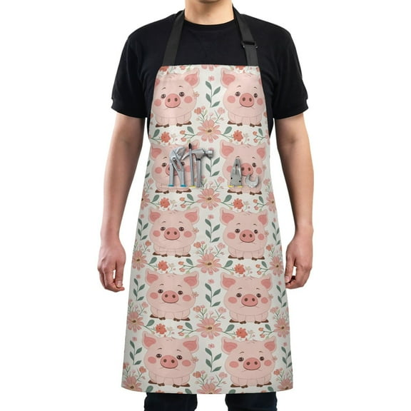 Kitchen Apron with 2 Pockets Adjustable waterproof Cooking Aprons for Women Men Chef Cartoon Pig with Flower