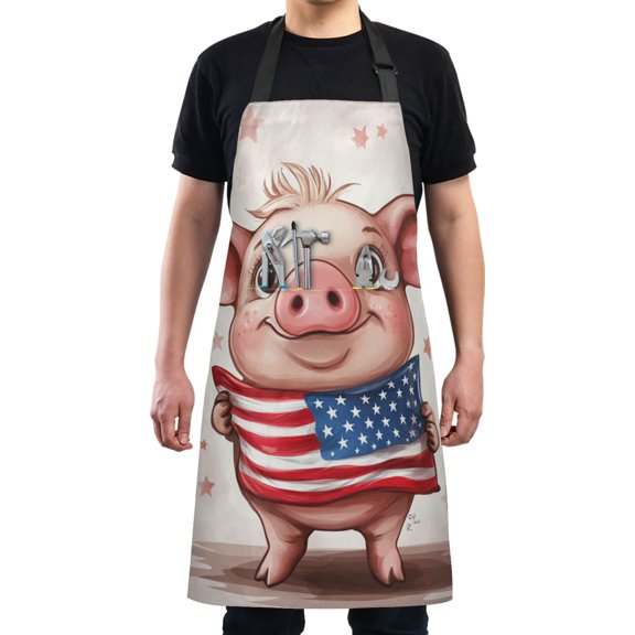 Kitchen Apron with 2 Pockets Adjustable waterproof Cooking Aprons for Women Men Chef Cartoon Pig with Usa Flag