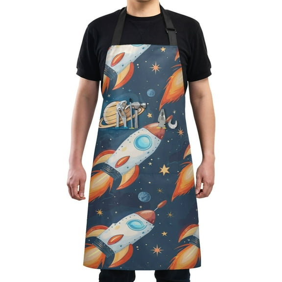 Kitchen Apron with 2 Pockets Adjustable waterproof Cooking Aprons for Women Men Chef Cartoon Rocket Planet Star
