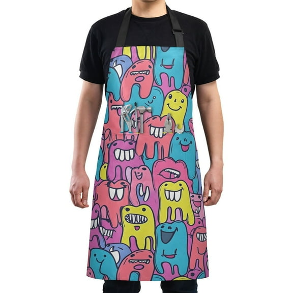 Kitchen Apron with 2 Pockets Adjustable waterproof Cooking Aprons for Women Men Chef Cartoon Teeth