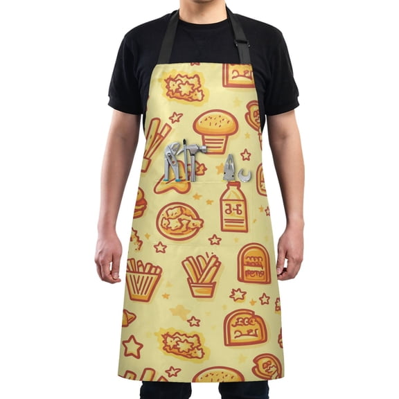 Kitchen Apron with 2 Pockets Adjustable waterproof Cooking Aprons for Women Men Chef Chicken Burger and Fries