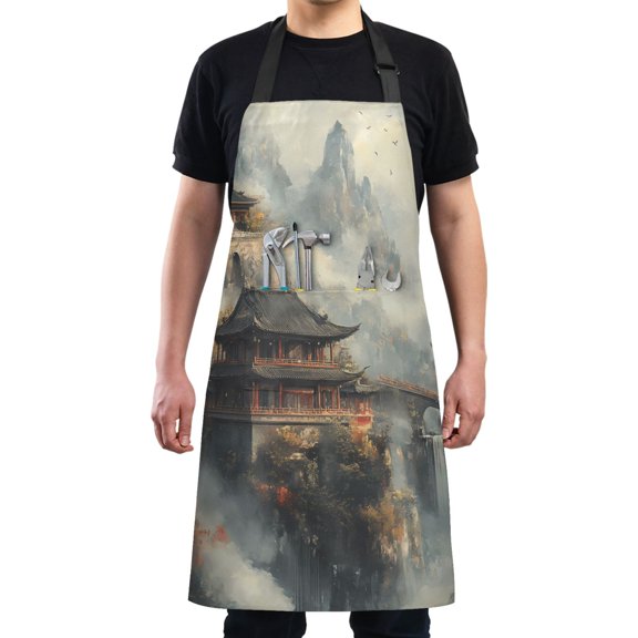 Kitchen Apron with 2 Pockets Adjustable waterproof Cooking Aprons for Women Men Chef Chinese Temples on Mountain