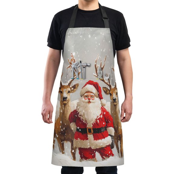 Kitchen Apron with 2 Pockets Adjustable waterproof Cooking Aprons for Women Men Chef Christmas Santa Claus with Deers