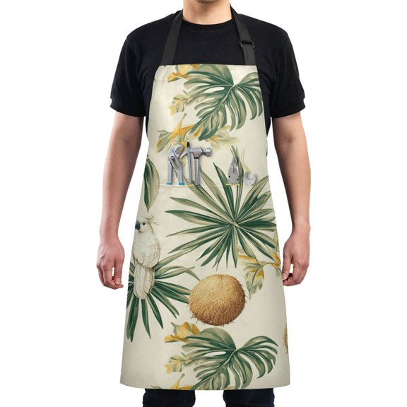 Kitchen Apron with 2 Pockets Adjustable waterproof Cooking Aprons for Women Men Chef Cockatoos Coconuts Leaf