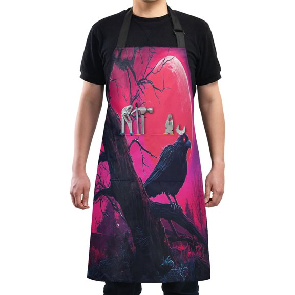 Kitchen Apron with 2 Pockets Adjustable waterproof Cooking Aprons for Women Men Chef Crow and Red Moon