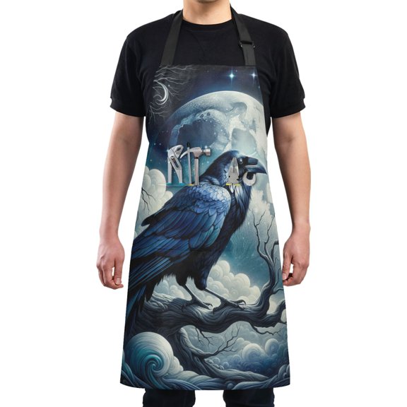 Kitchen Apron with 2 Pockets Adjustable waterproof Cooking Aprons for Women Men Chef Crow on Branch with Moon