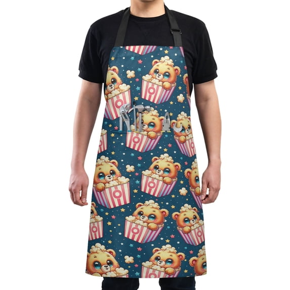 Kitchen Apron with 2 Pockets Adjustable waterproof Cooking Aprons for Women Men Chef Cute Bear in Popcorn