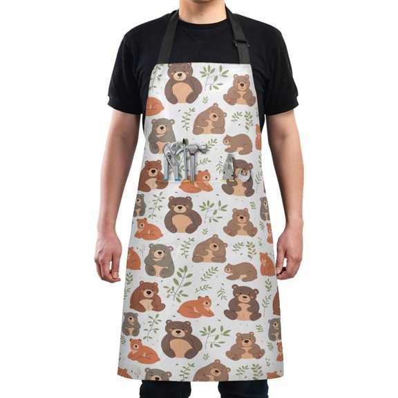 Kitchen Apron with 2 Pockets Adjustable waterproof Cooking Aprons for Women Men Chef Cute Bears with Leaf