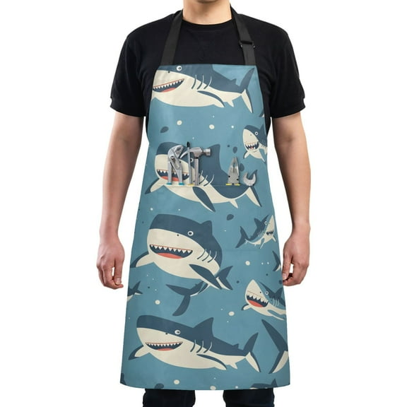 Kitchen Apron with 2 Pockets Adjustable waterproof Cooking Aprons for Women Men Chef Cute Cartoon Sharks