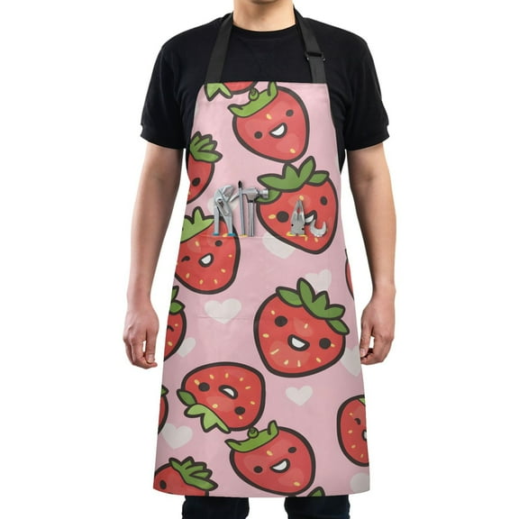 Kitchen Apron with 2 Pockets Adjustable waterproof Cooking Aprons for Women Men Chef Cute Cartoon Strawberry