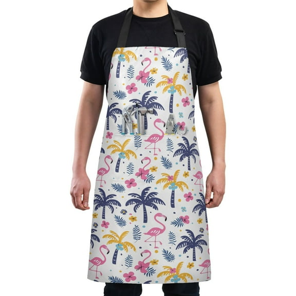 Kitchen Apron with 2 Pockets Adjustable waterproof Cooking Aprons for Women Men Chef Cute Flamingo Flower Tree