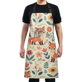 Kitchen Apron with 2 Pockets Adjustable waterproof Cooking Aprons for Women Men Chef Cute Foxes Flower Leaf