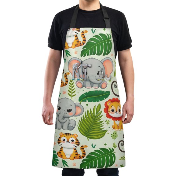 Kitchen Apron with 2 Pockets Adjustable waterproof Cooking Aprons for Women Men Chef Cute Lion Tiger Monkey Elephants