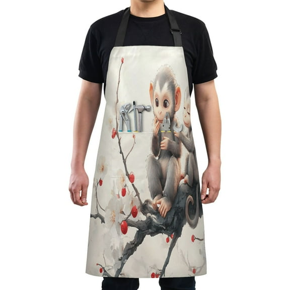 Kitchen Apron with 2 Pockets Adjustable waterproof Cooking Aprons for Women Men Chef Cute Monkeys on Flower Branch
