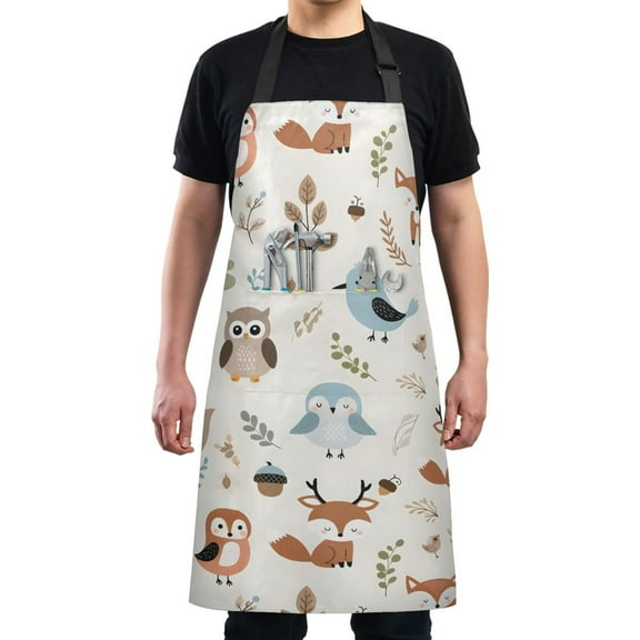 Kitchen Apron with 2 Pockets Adjustable waterproof Cooking Aprons for Women Men Chef Cute Owl Fox Tree