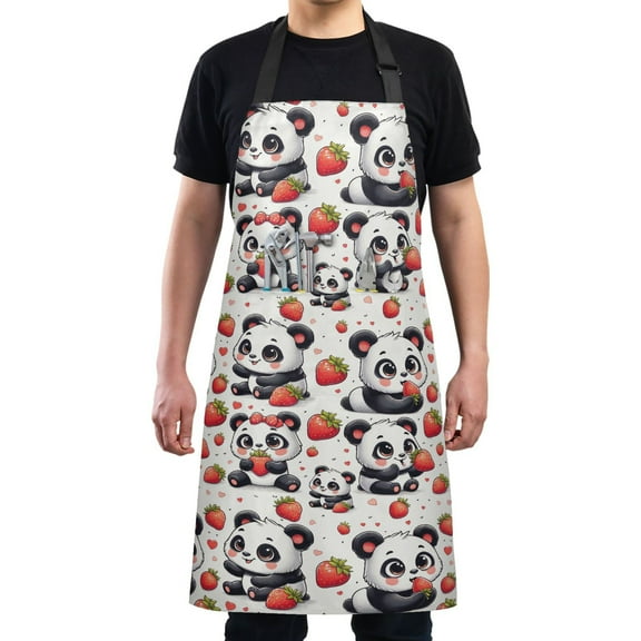Kitchen Apron with 2 Pockets Adjustable waterproof Cooking Aprons for Women Men Chef Cute Panda with Strawberry