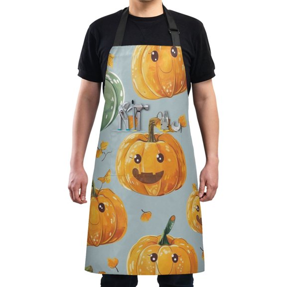 Kitchen Apron with 2 Pockets Adjustable waterproof Cooking Aprons for Women Men Chef Cute Pumpkin and Leaf