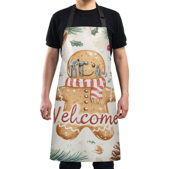 Kitchen Apron with 2 Pockets Adjustable waterproof Cooking Aprons for Women Men Chef Cute Welcome Gingerbread Man