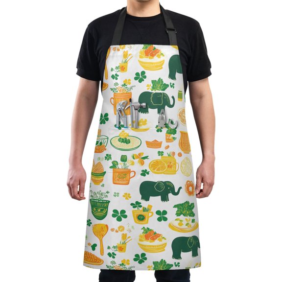 Kitchen Apron with 2 Pockets Adjustable waterproof Cooking Aprons for Women Men Chef Elephant Food Leaves