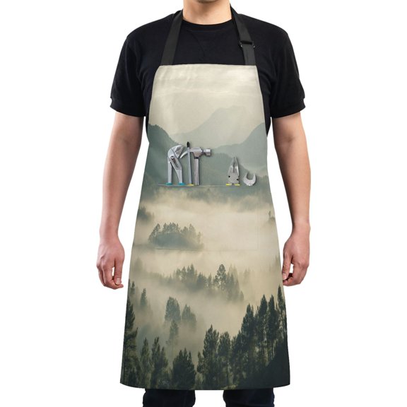 Kitchen Apron with 2 Pockets Adjustable waterproof Cooking Aprons for Women Men Chef Forest Filled with Fog