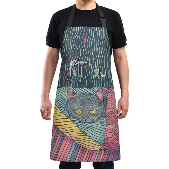 Kitchen Apron with 2 Pockets Adjustable waterproof Cooking Aprons for Women Men Chef Gray Cat Hiding under Blanket