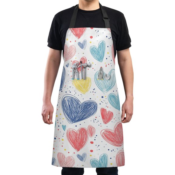 Kitchen Apron with 2 Pockets Adjustable waterproof Cooking Aprons for Women Men Chef Hand Drawn Red Blue Yellow Hearts